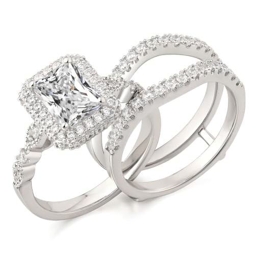 Newshe Jewellery Moissanite Wedding Sets for Women 925 Sterling Silver Engagement Rings Set Radiant Bridal Band Enhancer Size - color: Cubic Zirconia-Silver