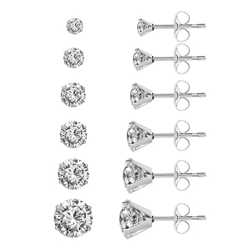 Stud Earrings Set, Round Clear Cubic Zirconia Ear Studs for Women and Men Sensitive Ears Stainless Steel CZ Earrings Hypoallergenic Cubic Zirconia Earrings Set Small Piercing Earring, 6 Pairs - color: 4-claw