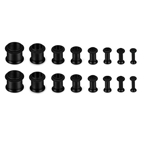 SCERRING 16PCS Ear Tunnels Stretching Kit Stainless Steel Gauge Plugs Set Single Flared Expanders 12G-00G (2mm-10mm) - color: 8Pairs - Black
