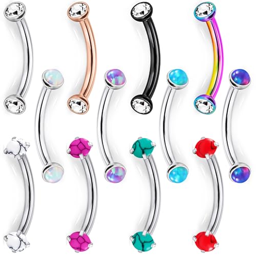 Jenxnjsjo 16g 8/10mm Eyebrow/Rook/Snug/Vertical-Labret/VCH/Snake-Eyes/Anti-Tragus/Cartilage/Daith/Belly-Button/Bridge/Hood/Surface Curved Barbell Piercing Jewelry for Women Men - color: Opal-B / Turquoise-P / CZ-B, size: 10mm