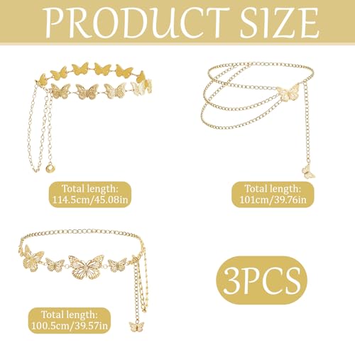 3 Pcs Gold Chain Belt for Women, Adjustable Waist Chain with Clover Butterfly Disc Pendants, Body Jewelry, Boho Belts for Women, Summer Beach Party - color: Gold-3
