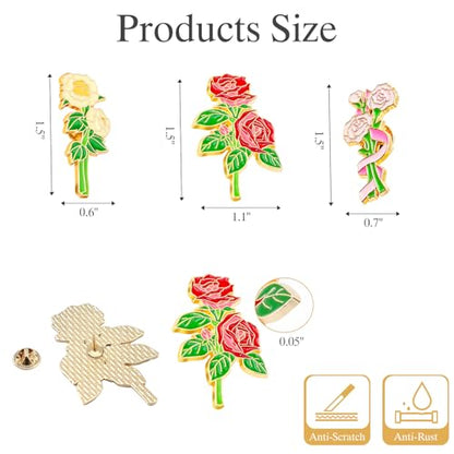 12 Pcs Red Rose Flower Enamel Lapel Pin, 1.5 inch Metal Badge Brooch for Women Men Clothes Bags Hats - style: Red Rose+Carnation+Lily
