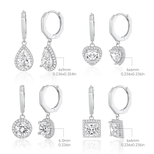 2-4 Pairs Dangle Drop Earrings for Women, 18K Gold Plated Cubic Zirconia Drop Dangle Huggie Hoop Earrings CZ Teardrop Hypoallergenic Jewelry - color: White Gold