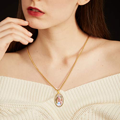 Custom4U Personalized Photo Necklace - Custom Heart/Oval/Round Charm Necklaces with Picture + Chain Adjustable - Stainless Steel/Acrylic Pendant Memorial Jewelry Christmas Gifts for Women - color: D-Gold Color