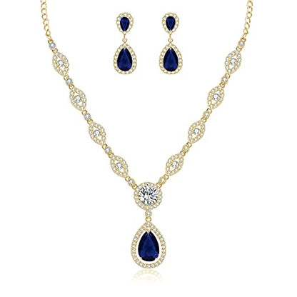 GULICX AAA Cubic Zirconia CZ Silver Plated Base Women's Party Jewelry Set Earrings Pendant Necklace - color: Blue CZ-gold plated