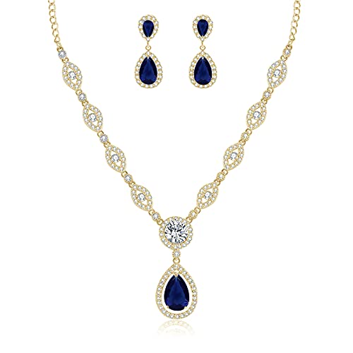 GULICX AAA Cubic Zirconia CZ Silver Plated Base Women's Party Jewelry Set Earrings Pendant Necklace - color: Blue CZ-gold plated