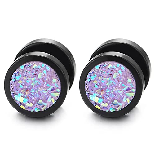 Stainless Steel Black Druzy Stud Earrings, Iridescent Purple Inlay Faux Plug Jewelry, Punk Gothic Round Piercing, Modern Minimalist Accessory, Gift for Teens