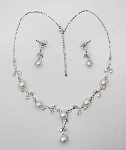 Faship Genuine Freshwater Pearls Floral Necklace Earrings Set | Premium CZ Crystal, Gorgeous, Sparkling - color: Clear