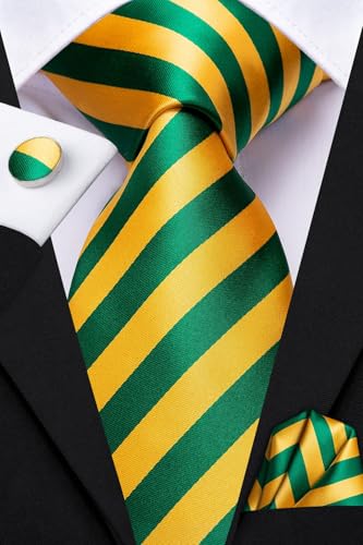Dubulle Mens Paisley Striped Tie Woven Necktie for Men and Handkerchief Cufflinks Set Wedding Formal Business - color: Yellow Green