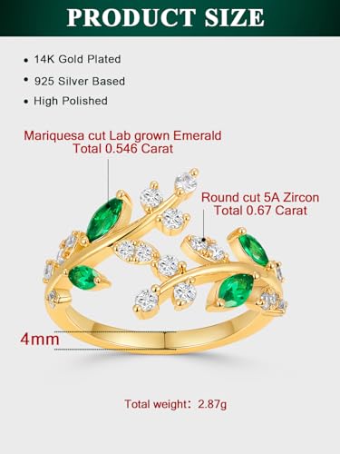 Silver Leaf Ring for Women 925 Sterling Silver Yellow Gold Plated CZ Inlaid Marquise Sapphire/Ruby/Emerald Cocktail Rings Size 6 to 10 - color: Emerald - Gold