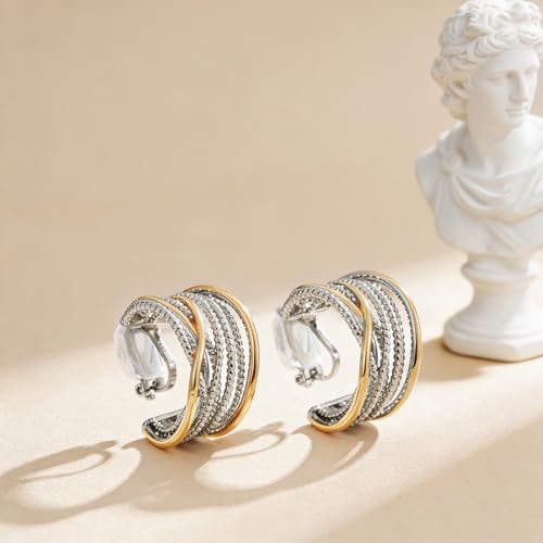 Clip on Earrings for Women Silver and Gold Plated Twisted Rope Hoops Non Pierced C Hoop Earring Lightweight Two Tone Clips Mixed Metal Jewelry Gifts - color: Wide Hoop-silver&gold