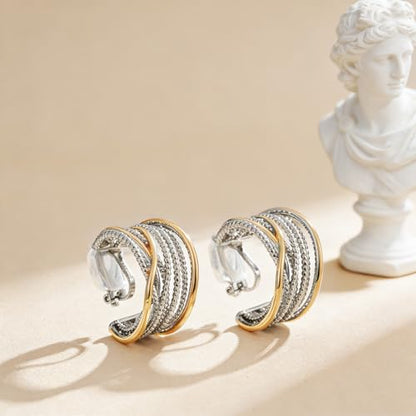 Clip on Earrings for Women Silver and Gold Plated Twisted Rope Hoops Non Pierced C Hoop Earring Lightweight Two Tone Clips Mixed Metal Jewelry Gifts - color: Wide Hoop-silver&gold