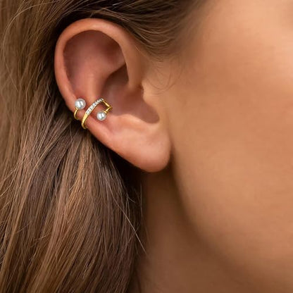S925 Sterling Silver Pearl Ear Cuff Earrings for Women Mom Dainty 14K Gold Plated Pearl Wrap Earring Ear Cuff Non Piercing Clip-On Cartilage Earring Mothers Day Birthday Wedding Jewelry Gifts - color: Gold