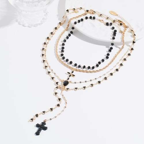 Bocar Layered Black Bead Cross Pendant Y-Necklace for Women Gold Accent Retro Choker Jewelry Ideal Gift(NK-10822) - color: Black