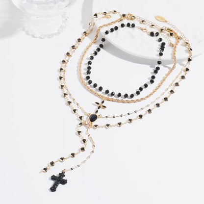 Bocar Layered Black Bead Cross Pendant Y-Necklace for Women Gold Accent Retro Choker Jewelry Ideal Gift(NK-10822) - color: Black