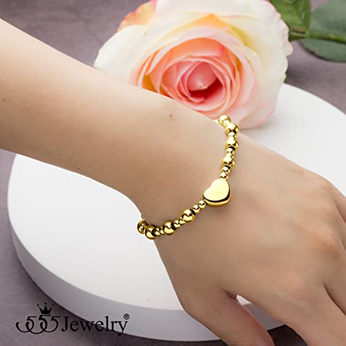 555Jewelry Stainless Steel Beads & Puffed Heart Charm Bracelet for Women & Ladies - color: Gold