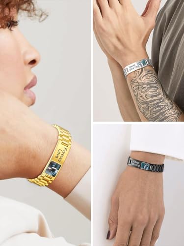 ChainsHouse Men Stainless Steel Bracelet Adjustable Custom ID Engraved Gift | Personalized Silver/Gold/Black for Birthday Father Husband Boyfriend with Gift Box Adjustable Tool 10mm/15mm/15.5mm 8.3"/8.7" - color: E.15mm Width-Silver-Photo Custom