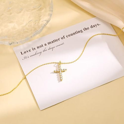 Carffordo 925 Sterling Silver Cross Necklace, Dainty Necklace for Women | Simple Small Cross Pendant Necklace, Sterling Silver/16K Gold Plated Non-Tarnish Faith Jewelry, Christian Religious Gifts - style: Gold Cubic Zirconia Cross