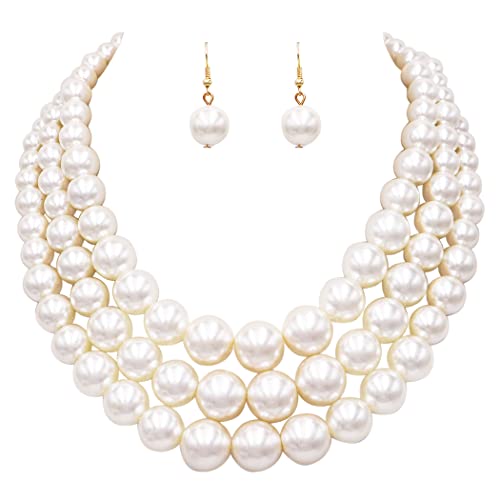 Rosemarie & Jubalee Women's 3 Colorful Multi Strands Simulated Pearl Necklace And Earrings Jewelry Gift Set, 18"+3" Extender - color: Cream Gold Tone - Single Ball Earring