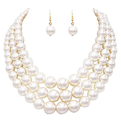 Rosemarie & Jubalee Women's 3 Colorful Multi Strands Simulated Pearl Necklace And Earrings Jewelry Gift Set, 18"+3" Extender - color: Cream Gold Tone - Single Ball Earring