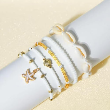 Nanafast Beaded Boho Anklets for Women, Beachy Shell Anklets for Women, Puka Shell & Starfish Charms Beach Jewelry Adjustable - color: 5PCS