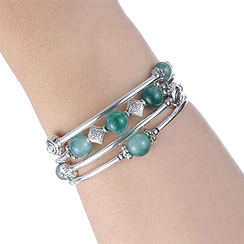 Beaded Pearl Bangle Wrap Bracelet - Fashion Bohemian Jewelry Multilayer Charm Bracelet with Thick Silver Metal Beads, Gift For Women - color: Jade Green