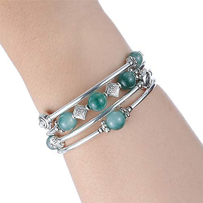 Beaded Pearl Bangle Wrap Bracelet - Fashion Bohemian Jewelry Multilayer Charm Bracelet with Thick Silver Metal Beads, Gift For Women - color: Jade Green