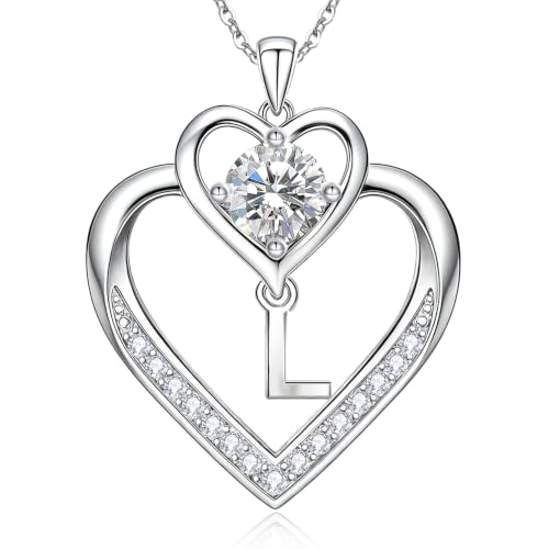 RIVIKO 1 Carat Moissanite Heart Initial Necklace for Women,Letter Pendant | 925 Sterling Silver Chain,Personalized Jewelry,Anniversary Birthday Gifts for Wife Friend Mom - color: Letter L