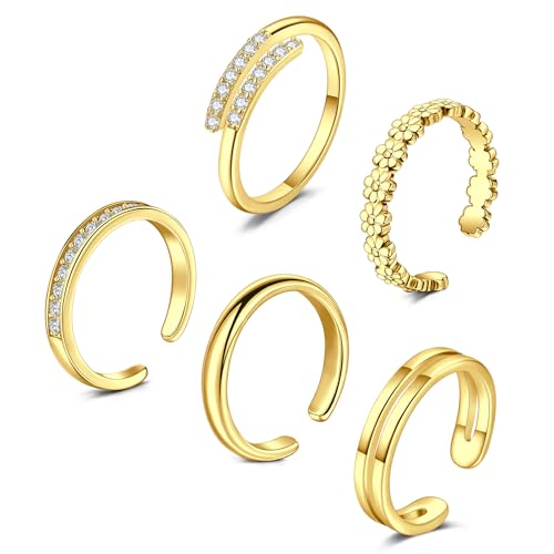 Briana Williams Toe Rings for Women Gold Silver Toe Ring Non Tarnish Ankle Bracelets for Women Waterproof Anklet & Toe Ring Set Trendy Summer Beach Foot Jewelry - color: D1 -5pcs toe rings, gold