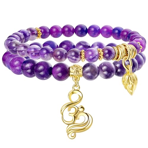 Bivei Natural Semi Precious Gemstone beads bracelet for women - Life Tree and Leaf Charm Energy Reiki Crystal Stretch Bracelets - color: A(New)OM - Amethyst, size: Medium:6.8-7.24inch