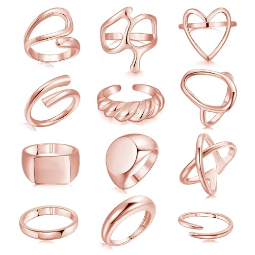 FAXHION 12PCS Gold Stackable Rings Set for Women, 18K Gold Plated Open Stacking Knuckle Ring, Adjustable Chunky Signet Band Statement Ring for Gift - color: 1-Rose-12pcs