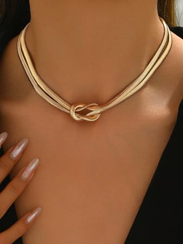 Gold Snake Chain Knot Choker for Women Double Strand Twisted Herringbone Pendant Necklace Fashion Jewelry Accessory - color: Gold Snake Chain Knot Choker