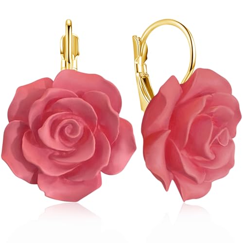 Handmade Bohemian Aesthetic Dainty Acrylic Flower Petal Leverback Earrings Sparkly 14K Gold Floral Dangle Drop Earrings for Women - color: Dark Pink