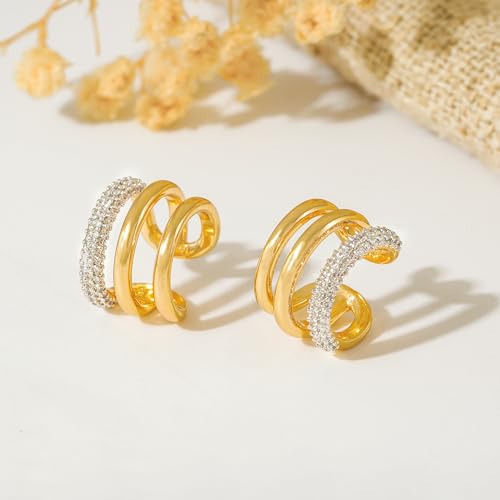 Gold Ear Cuff Earring for Women 14K Gold Plated Cubic Zirconia Non-Pierced Clip on Cartilage Chunky Ear Cuffs Hypoallergenic Jewelry - style: cz triple / pair