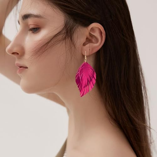 Handmade Bohemian Large Soft Genuine Leather Fringe Double Feather Dangle Drop Earrings Lightweight Simple Color PU Leaf Hook Earrings for Women - color: Rose Red