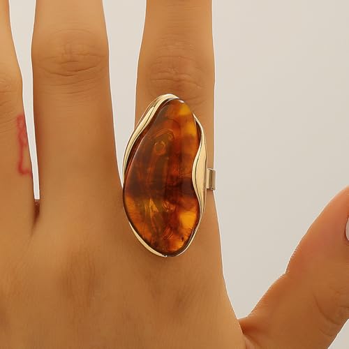 Colorful Chunky Earrings Ring for Women, Resin Boho Large Oval Acrylic Finger Ring Statement Stainless Steel Adjustable Rings Beach Summer Jewelry Gift - color: Brown Set