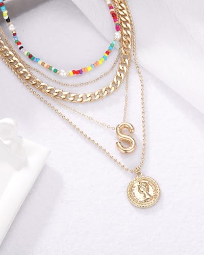 MJartoria Layered Necklaces for Women Trendy Balloon Initial Pendant Necklace Dainty Chunky Chain Beaded Choker Necklaces Jewelry Birthday Gifts - color: Gold, style: S