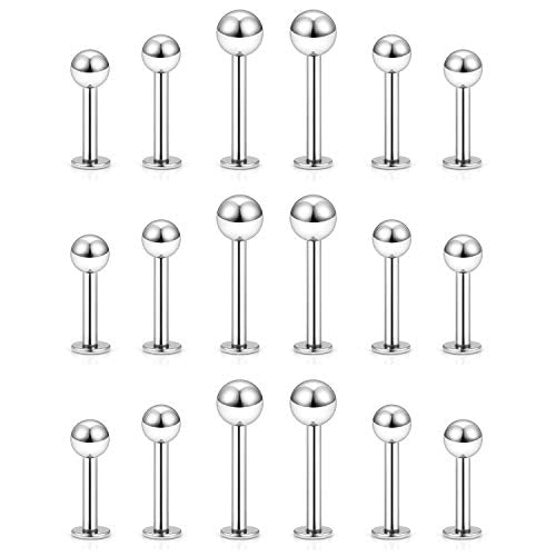 20G 18G 16G 14G 12G Lip Labret Medusa Monroe Rings Studs 316L Surgical Steel Flat Back Tragus Helix Cartilage Earring Stud Piercing Jewelry Bar Length 8mm 10mm 12mm Mix Color 18PCS - color: Silver, size: 12G(2.0mm)-8/10/12mm Bars-4mm 5mm Balls