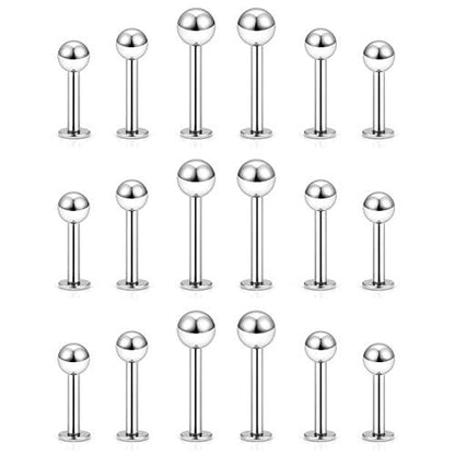 20G 18G 16G 14G 12G Lip Labret Medusa Monroe Rings Studs 316L Surgical Steel Flat Back Tragus Helix Cartilage Earring Stud Piercing Jewelry Bar Length 8mm 10mm 12mm Mix Color 18PCS - color: Silver, size: 14G(1.6mm)-8/10/12mm Bars-4mm 5mm Balls