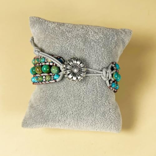 YGLINE Boho Handmade Natural Stone Bead 3 Row Wide Wrap Wrist Statment Bracelet Jewelry Collection - color: king jasper