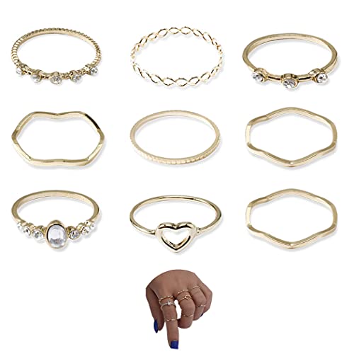Boho Rings Set Gold Ring Crystal Joint Knuckle Finger Rings Stackable Ring Jewelry for Women (F)