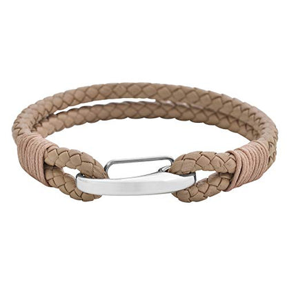 Edforce Braided Genuine Leather 2-Strand Cuff Bracelet with Stainless Steel Clasp - color: Tan