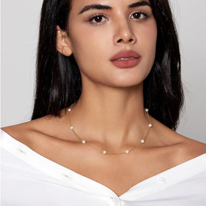 Zeffy Pearl Necklace 8MM Dainty Round Imitation Pearl Choker Necklace Wedding Pearl Necklace Delicate Jewelry for Women Simple Bridesmaid Jewelry Gifts - style: 4mm Gold Satellite Pearl Necklace