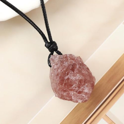 FANASY Natural Raw Crystal Necklace for Women Irregular Stone Necklaces Spiritual Gemstone Pendant with Adjustable Rope - color: Strawberry Quartz