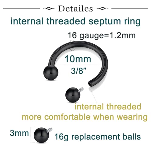 Longita Internally Threaded Septum Ring Silver Black Gold Septum Rings 16G Septum Piercing Surgical Steel Septum Jewelry Septum Nose Rings 16 Gauge Small Septum Ring Horseshoe with Replacement Balls - color: C2-silver+black-10mm
