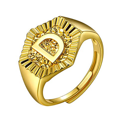U7 Initial Ring Wedding Band for Men Women 18K Gold Plated Statement Hexagon A-Z Letter Jewelry Personalized Stackable Signet Rings - color: D