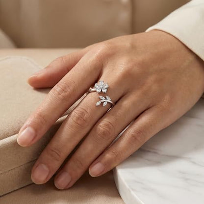 Ladies' Alloy Flower Leaf Open Ring, Silver Tone with Crystal Accents, Adjustable - color: Silver