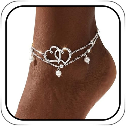 Sea Shell Starfish Anklet with Pearl Charms, Layered Heart Beach Statement Chunky Ankle Bracelet, Gold Tone Chain - color: Silver