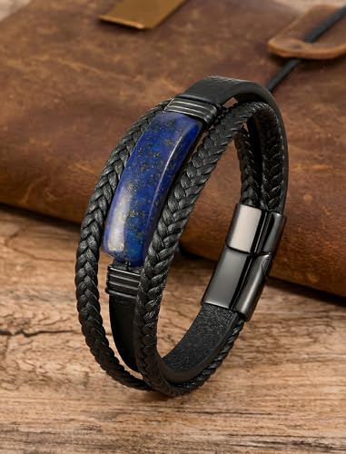 Mens Black Leather Obsidian/Turquoise/Tiger Eye/Red Agate Bracelet–Braided Multi‑Layer Wristband Cuff Bangle Bracelet with Stainless Steel Clasp Gift Jewelry Box Included - color: Lapis Lazuli, size: 8.3in(Fits most wrists)