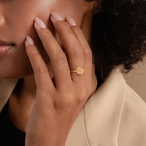 Birth Flower Stacking Ring for Women | 14K Gold Plated Brass, 12 Engraved Floral Motifs, Slim Stack-Ready Band, Available in US Sizes 5-9 - style: Jun.-Rose